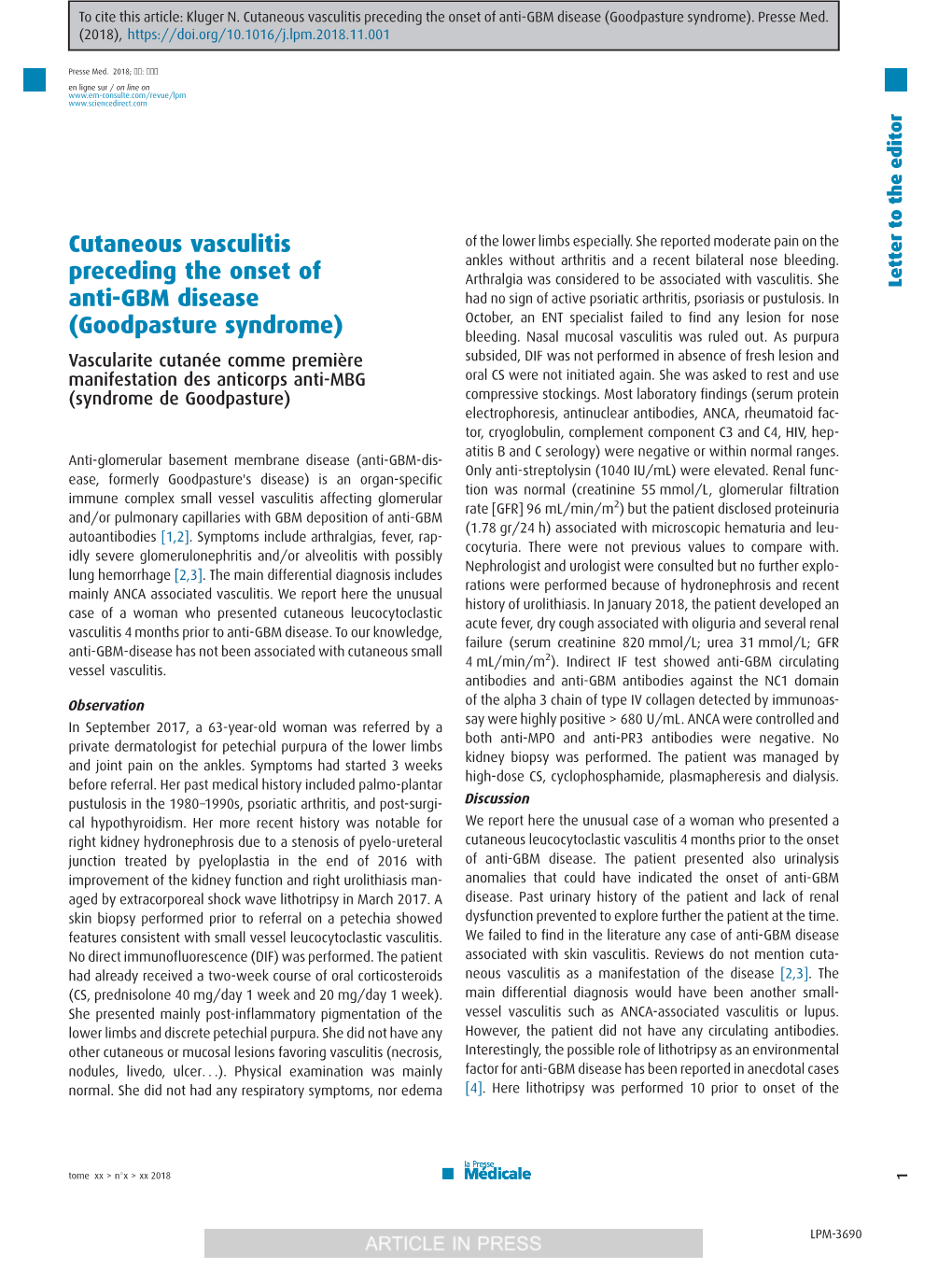 Cutaneous Vasculitis Preceding the Onset of Anti-GBM Disease (Goodpasture Syndrome)