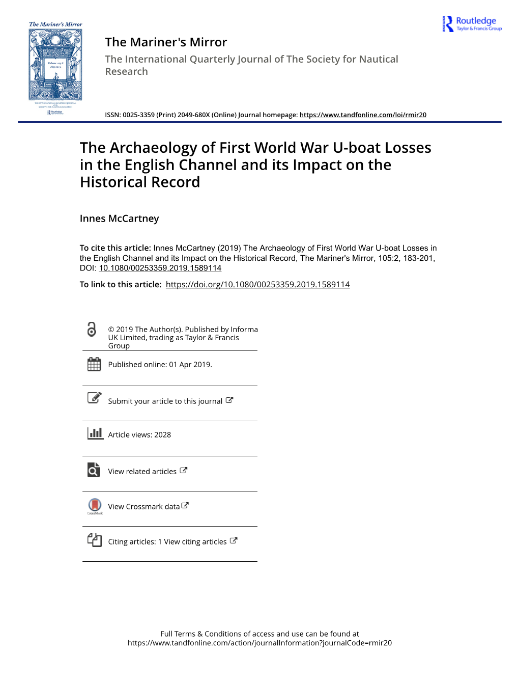 The Archaeology of First World War U-Boat Losses in the English Channel and Its Impact on the Historical Record