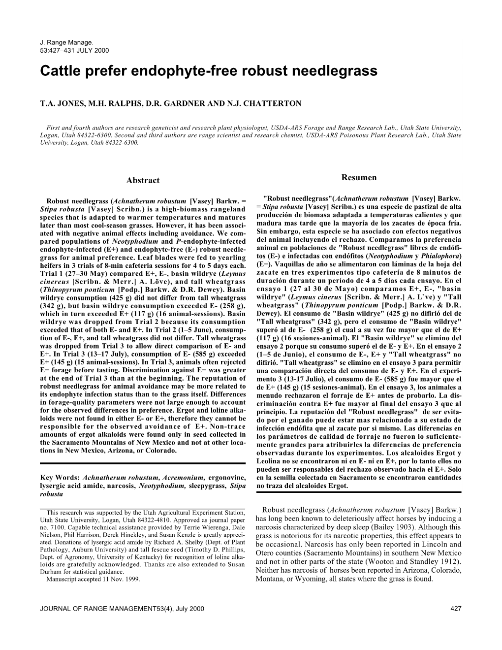 Cattle Prefer Endophyte-Free Robust Needlegrass