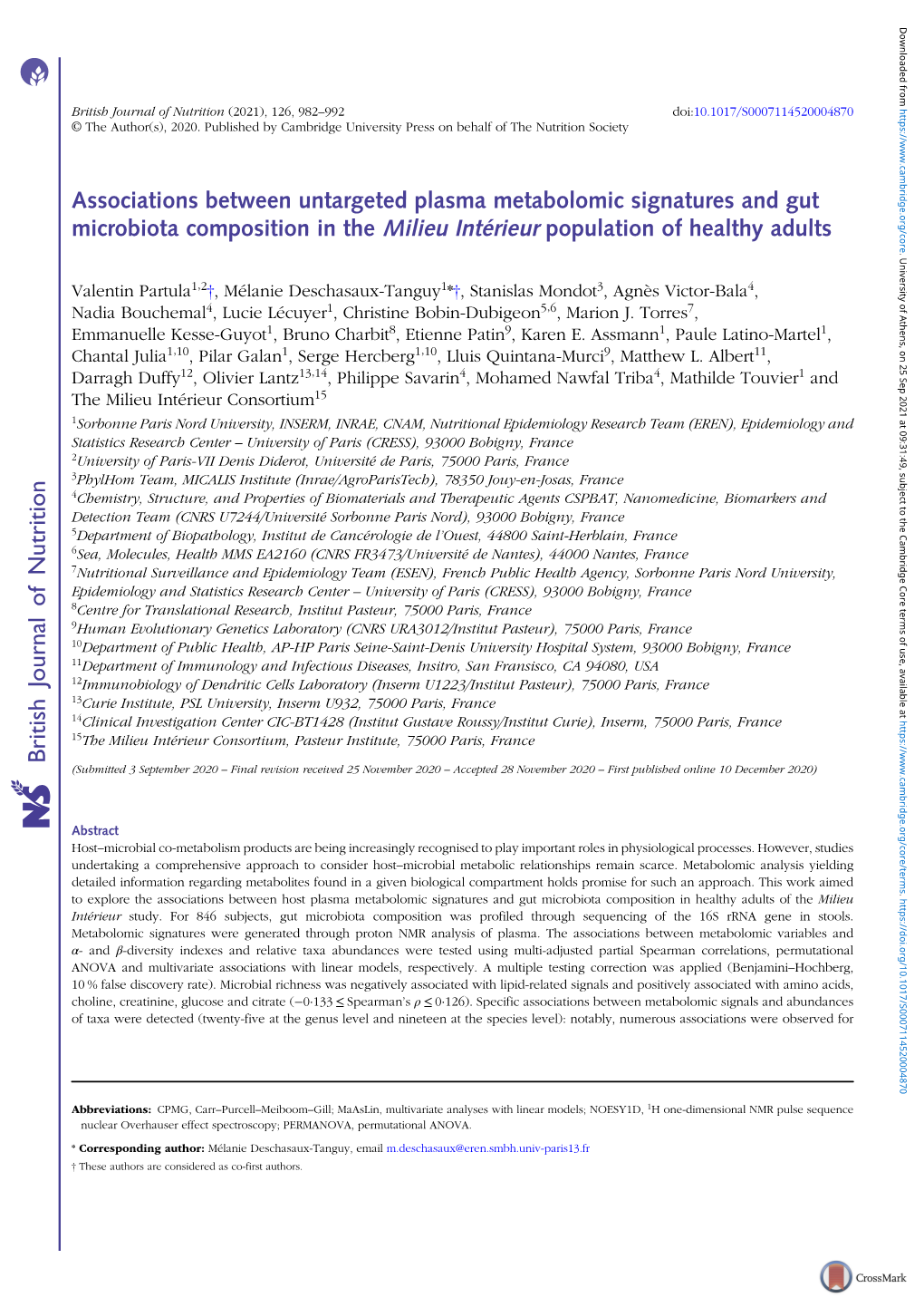Associations Between Untargeted Plasma Metabolomic Signatures and Gut Microbiota Composition in the Milieu Intérieur Population of Healthy Adults