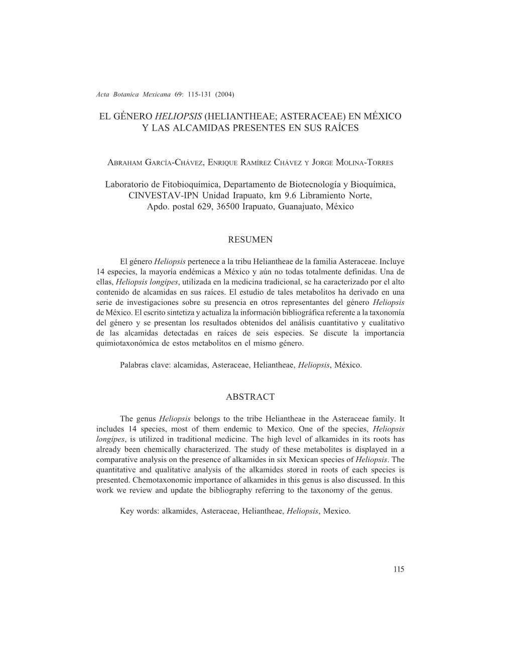 El Género Heliopsis (Heliantheae; Asteraceae) En México Y Las Alcamidas Presentes En Sus Raíces