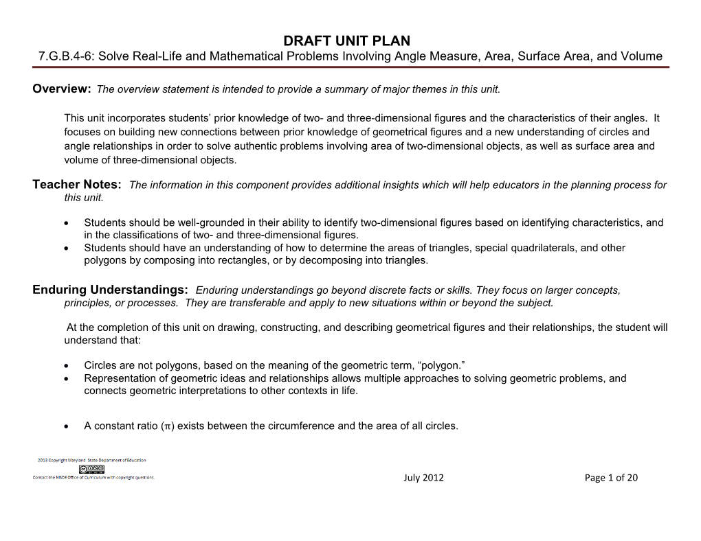 Draft Unit Plan: Grade 7 – Understand Ratio Concepts And Use Ratio Reasoning To Solve Problems