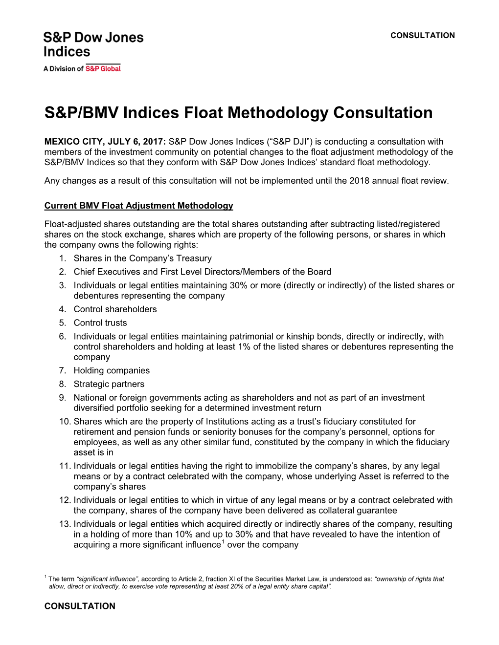 S&P/BMV Indices Float Methodology Consultation