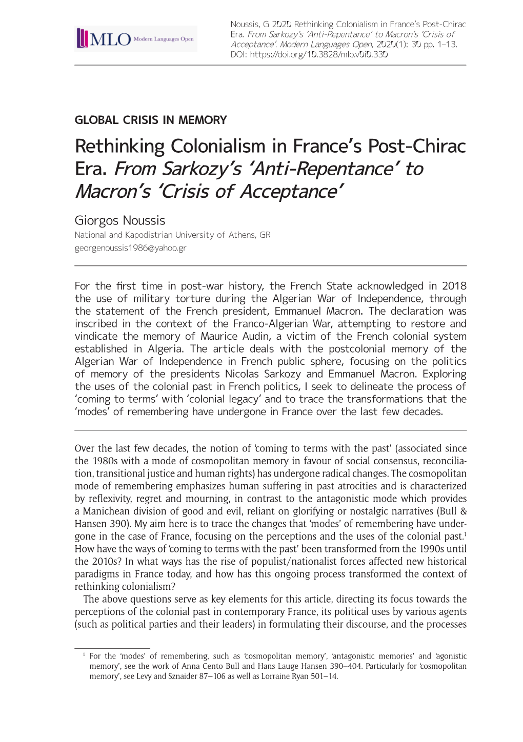 Rethinking Colonialism in France's Post-Chirac Era. from Sarkozy's