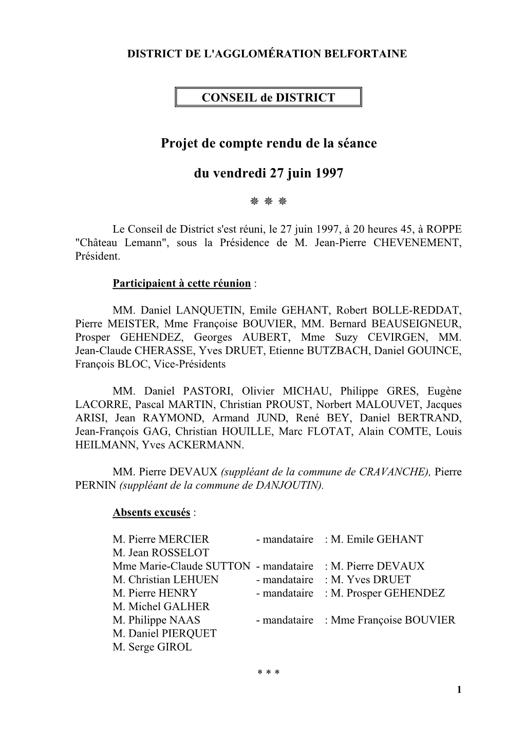 Projet De Compte Rendu De La Séance Du Vendredi 27 Juin 1997