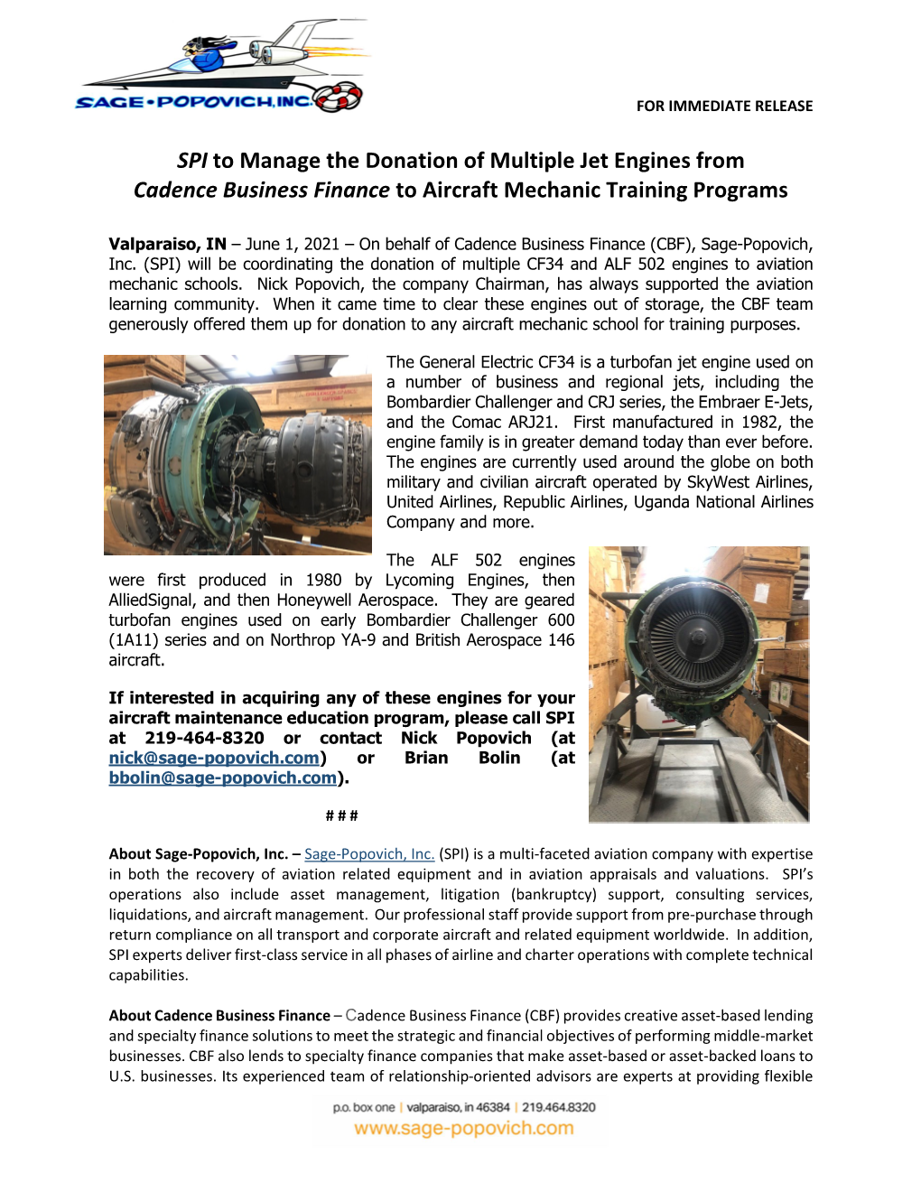 SPI to Manage the Donation of Multiple Jet Engines from Cadence Business Finance to Aircraft Mechanic Training Programs