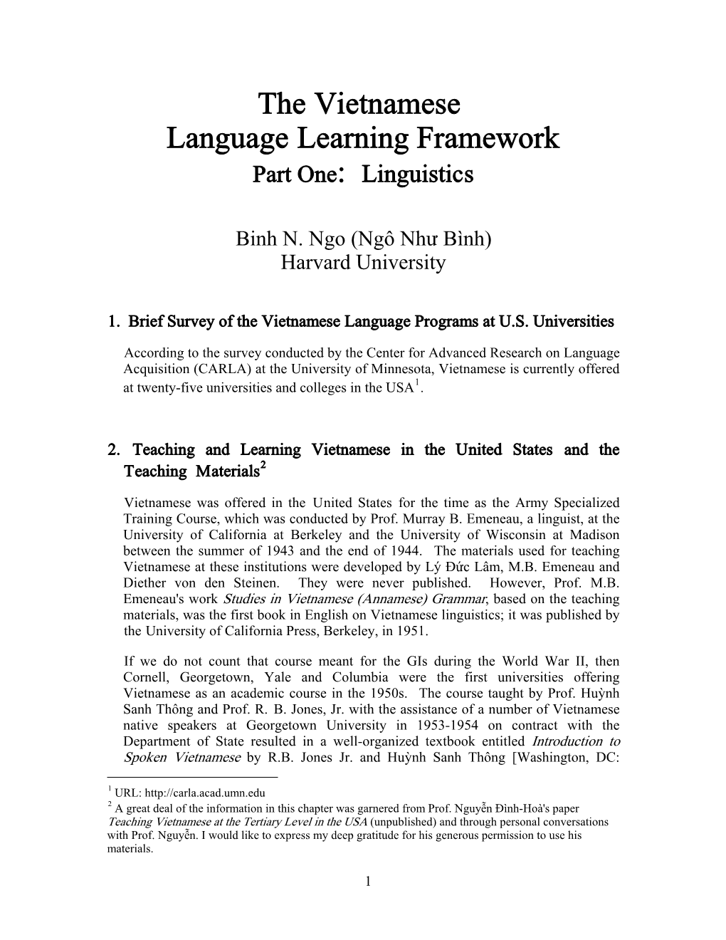 The Vietnamese Language Learning Framework Part One: Linguistics