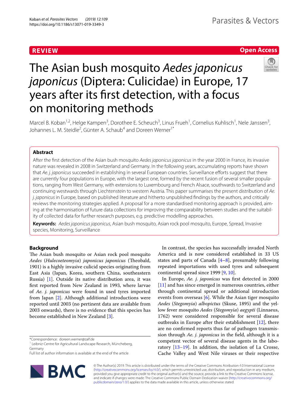 The Asian Bush Mosquito Aedes Japonicus Japonicus (Diptera: Culicidae) in Europe, 17 Years After Its Frst Detection, with a Focus on Monitoring Methods Marcel B