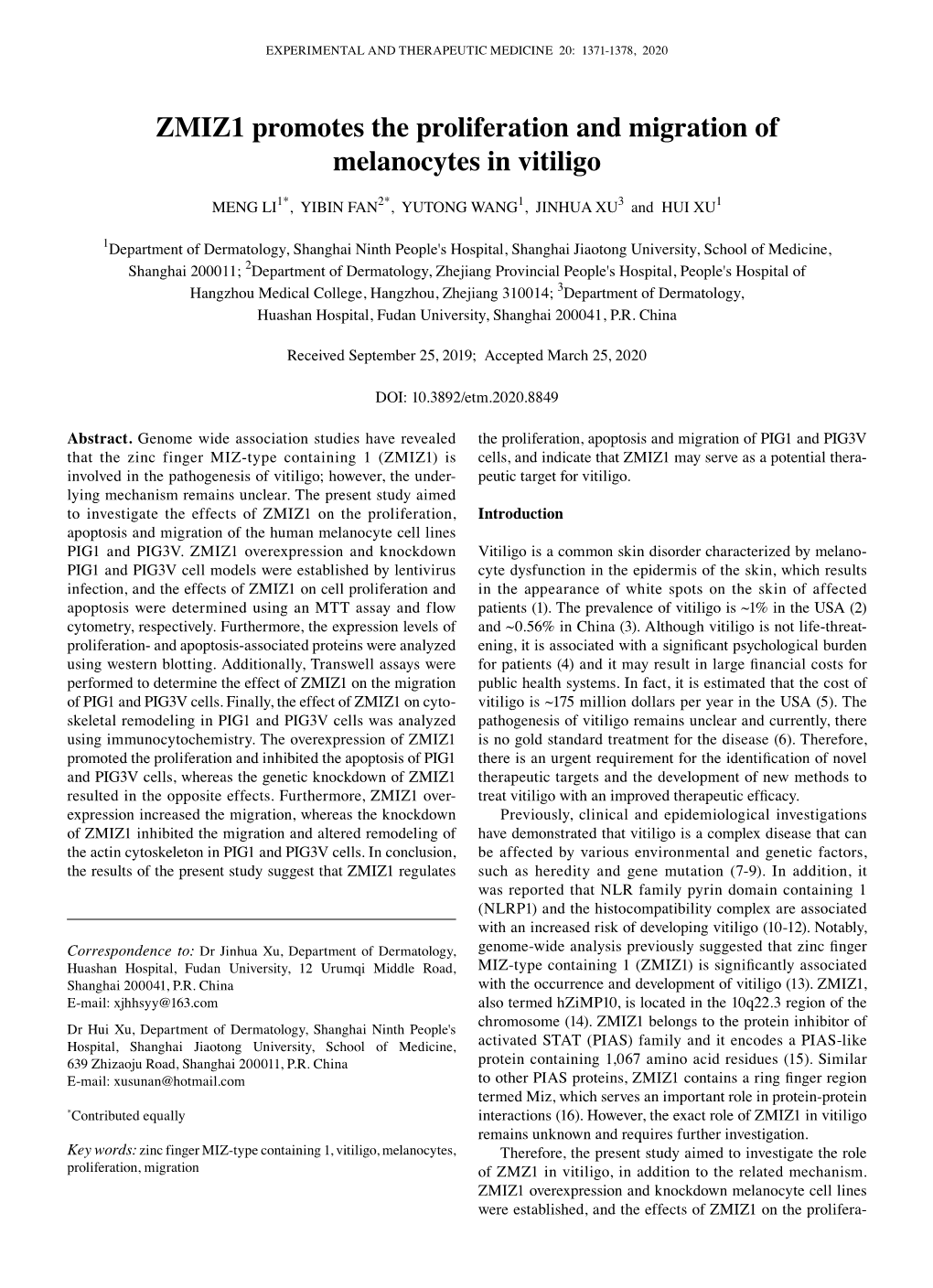 ZMIZ1 Promotes the Proliferation and Migration of Melanocytes in Vitiligo