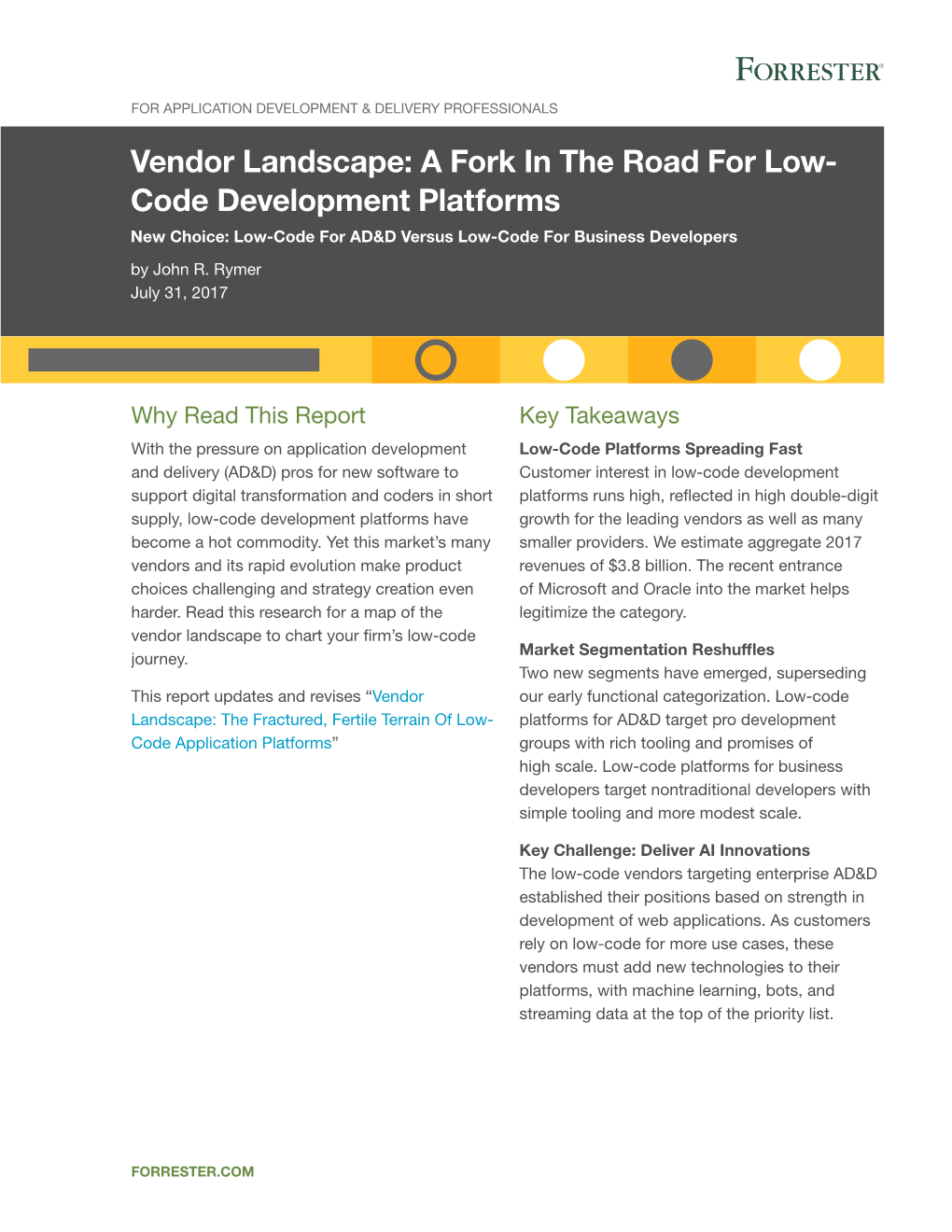 Vendor Landscape: a Fork in the Road for Low- Code Development Platforms New Choice: Low-Code for AD&D Versus Low-Code for Business Developers by John R