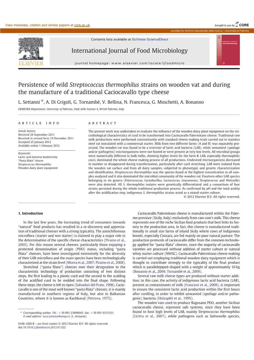 Persistence of Wild Streptococcus Thermophilus Strains on Wooden Vat and During the Manufacture of a Traditional Caciocavallo Type Cheese