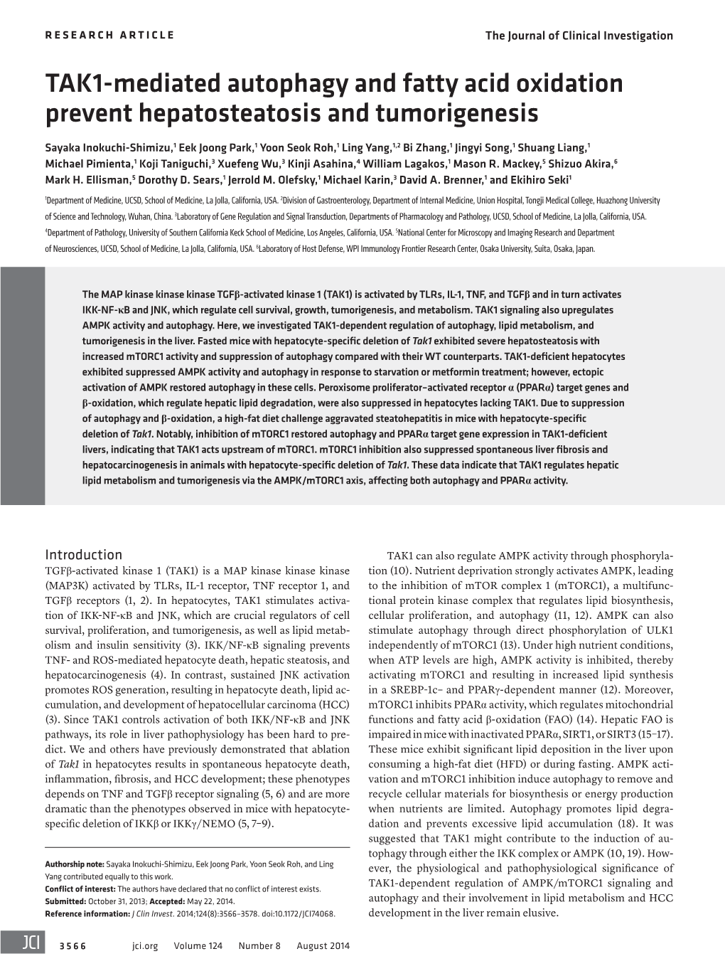 TAK1-Mediated Autophagy and Fatty Acid Oxidation Prevent Hepatosteatosis and Tumorigenesis