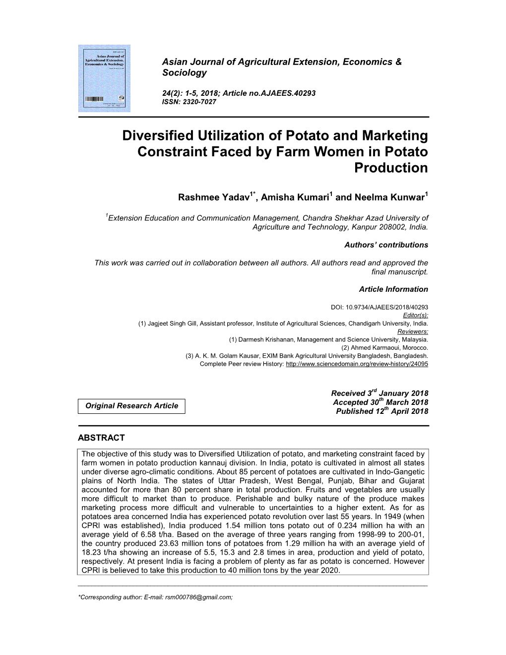 Diversified Utilization of Potato and Marketing Constraint Faced by Farm Women in Potato Production