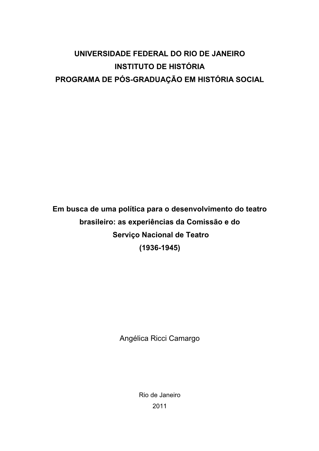 Universidade Federal Do Rio De Janeiro Instituto De História Programa De Pós-Graduação Em História Social