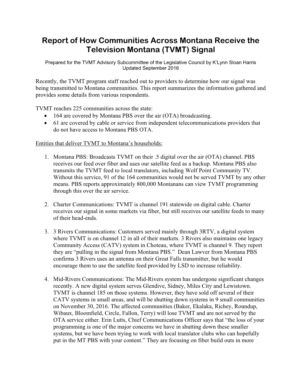 Report of How Communities Across Montana Receive the Television Montana (TVMT) Signal
