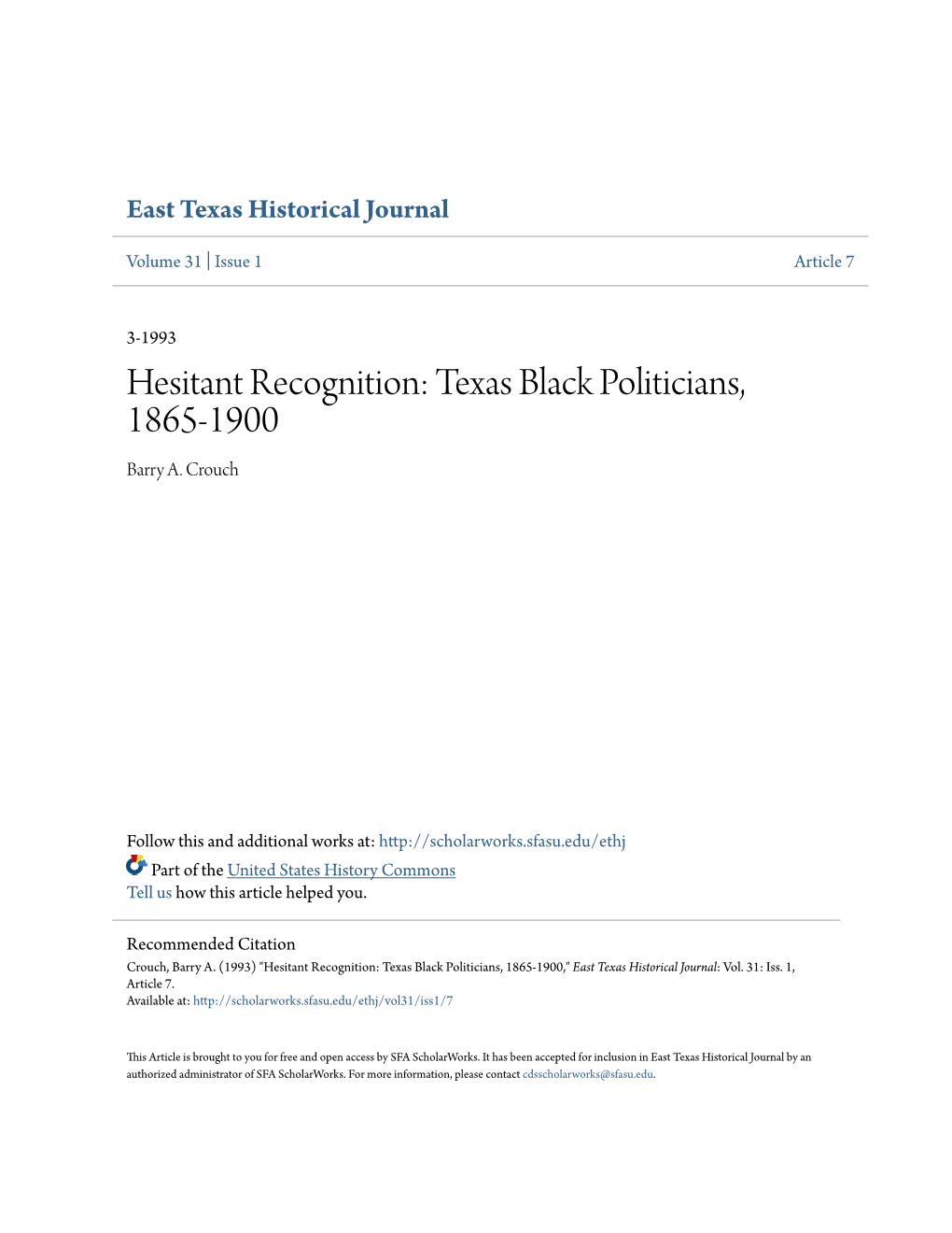 Texas Black Politicians, 1865-1900 Barry A