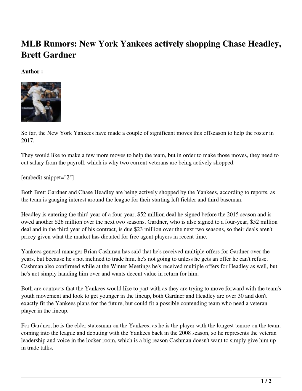 MLB Rumors: New York Yankees Actively Shopping Chase Headley, Brett Gardner