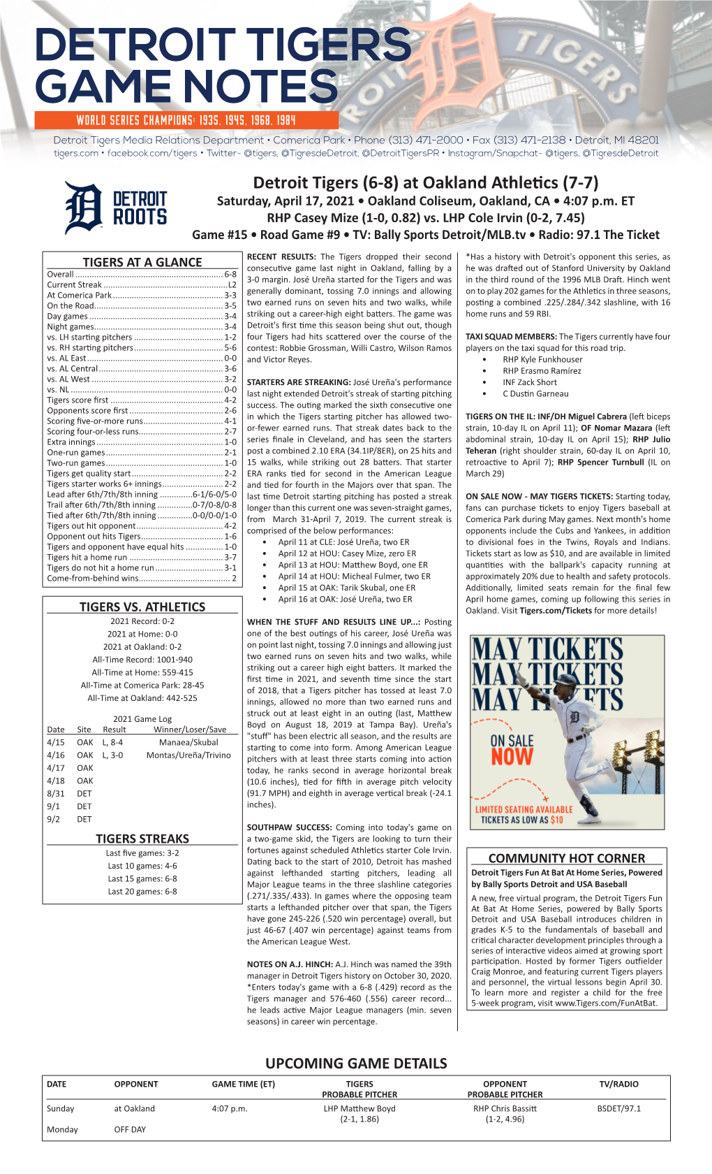 Detroit Tigers Game Notes