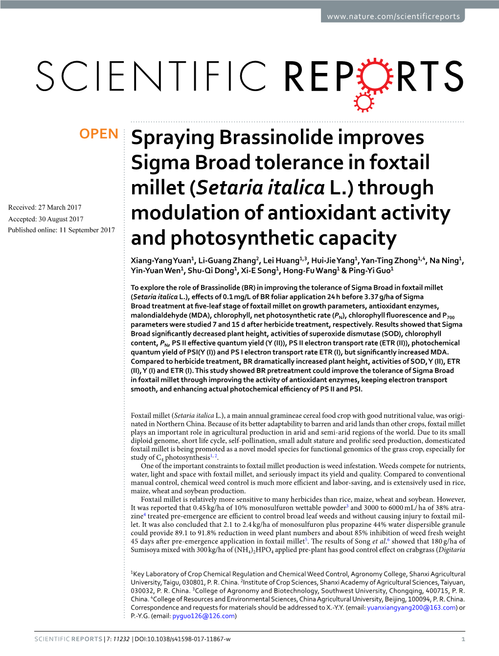 Spraying Brassinolide Improves Sigma Broad Tolerance in Foxtail Millet