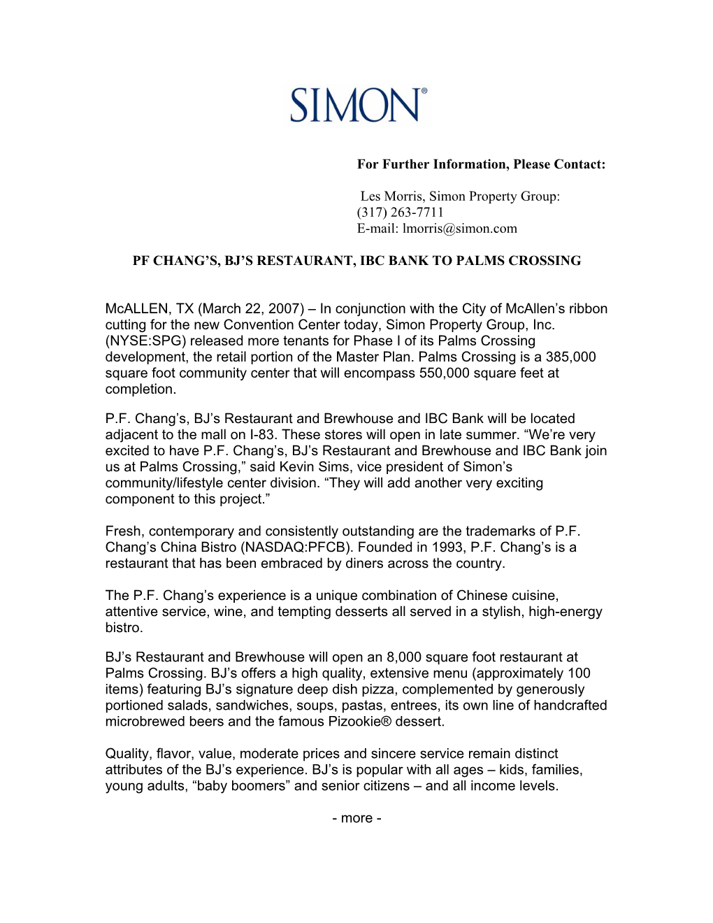 Les Morris, Simon Property Group: (317) 263-7711 E-Mail: Lmorris@Simon.Com