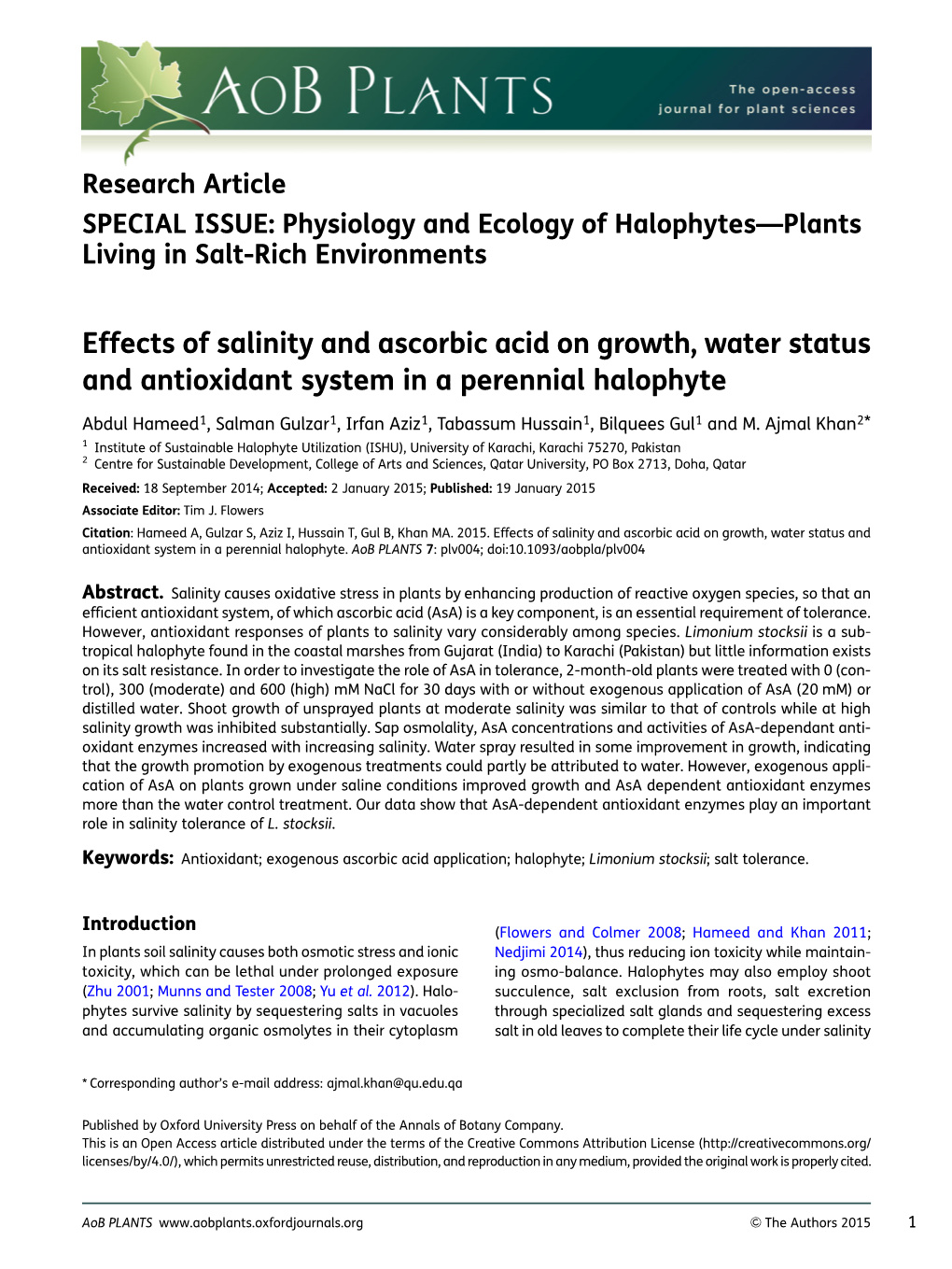 Effects of Salinity and Ascorbic Acid on Growth, Water Status and Antioxidant System in a Perennial Halophyte