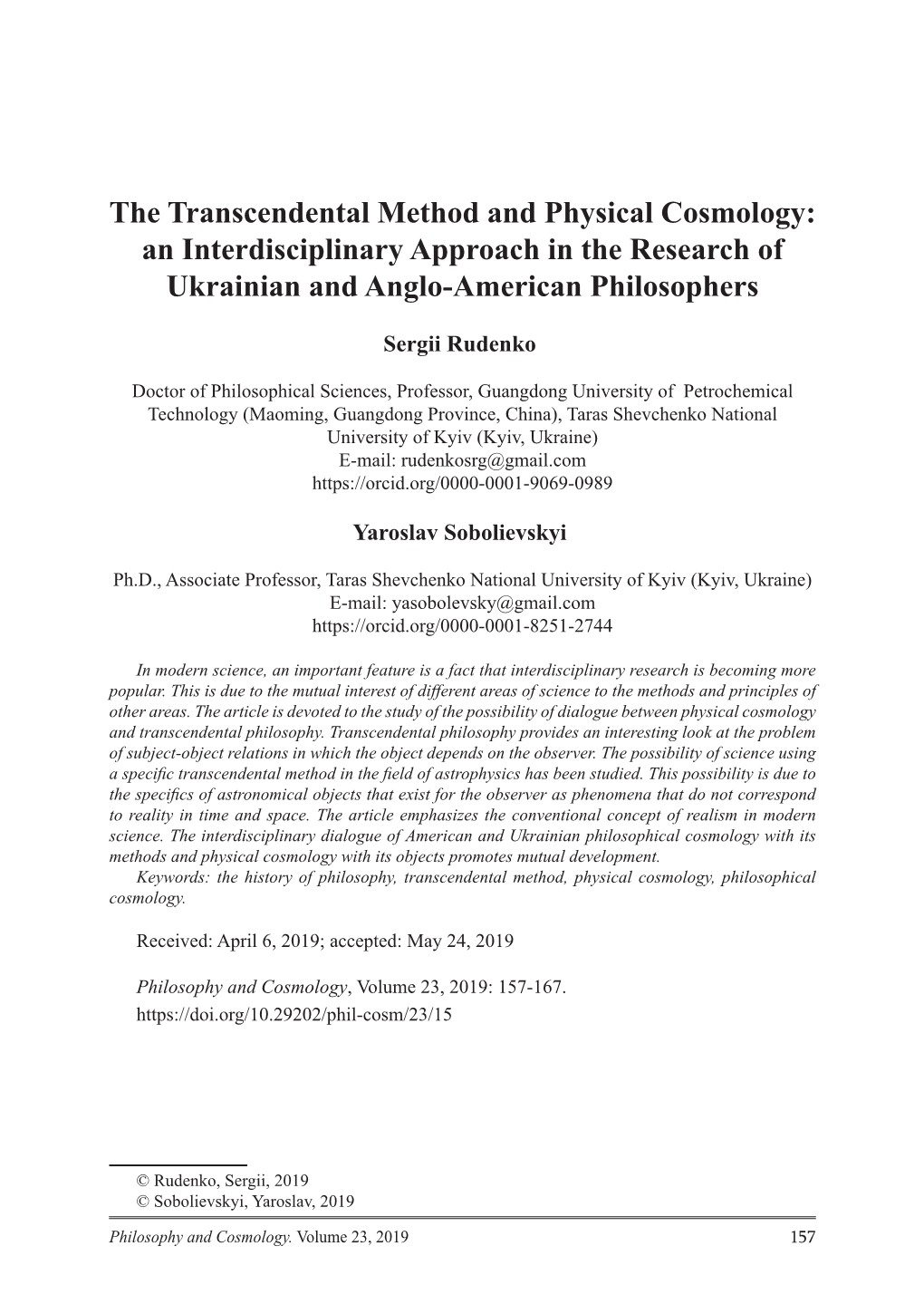 The Transcendental Method and Physical Cosmology: an Interdisciplinary Approach in the Research of Ukrainian and Anglo-American Philosophers