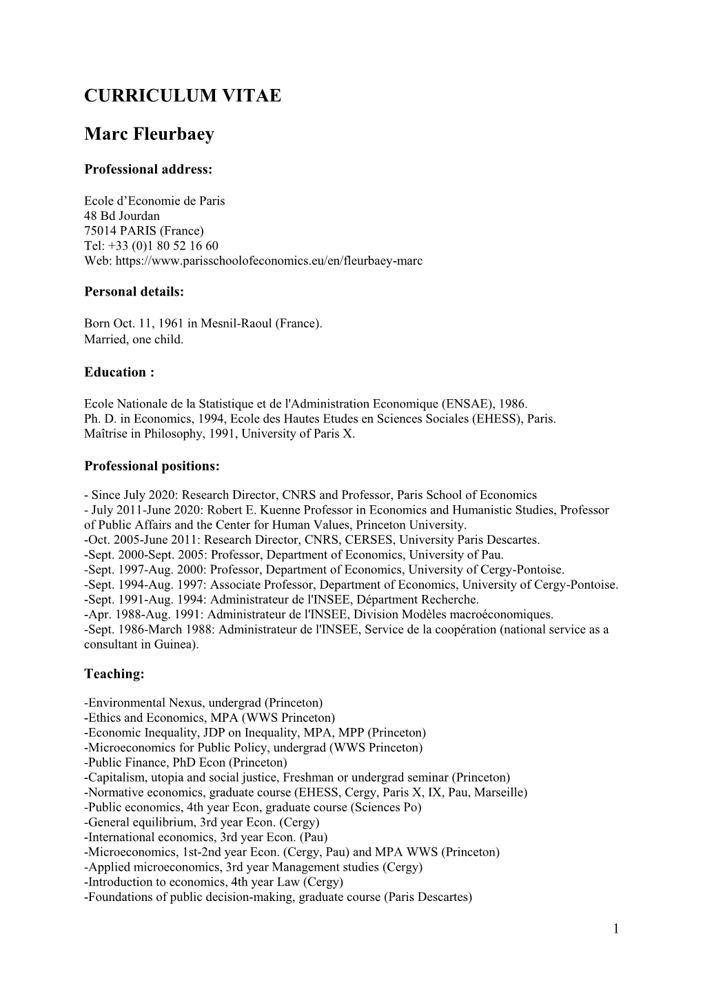 CURRICULUM VITAE Marc Fleurbaey