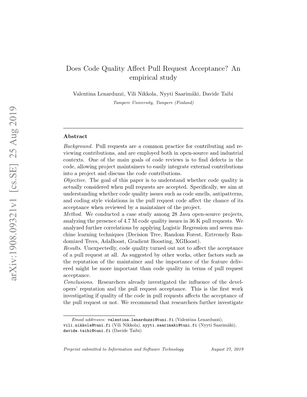 Does Code Quality Affect Pull Request Acceptance? an Empirical Study