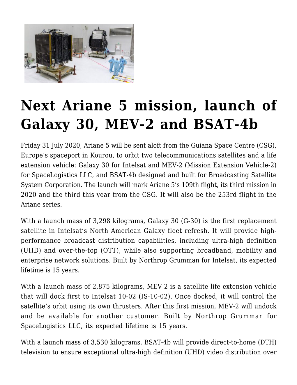 Next Ariane 5 Mission, Launch of Galaxy 30, MEV-2 and BSAT-4B