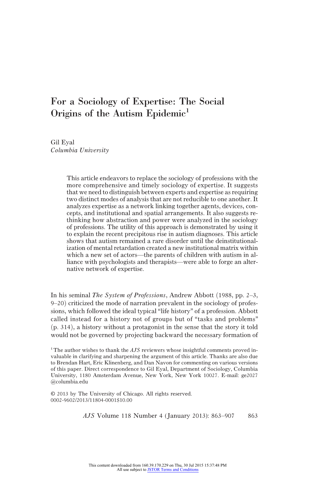 For a Sociology of Expertise: the Social Origins of the Autism Epidemic1