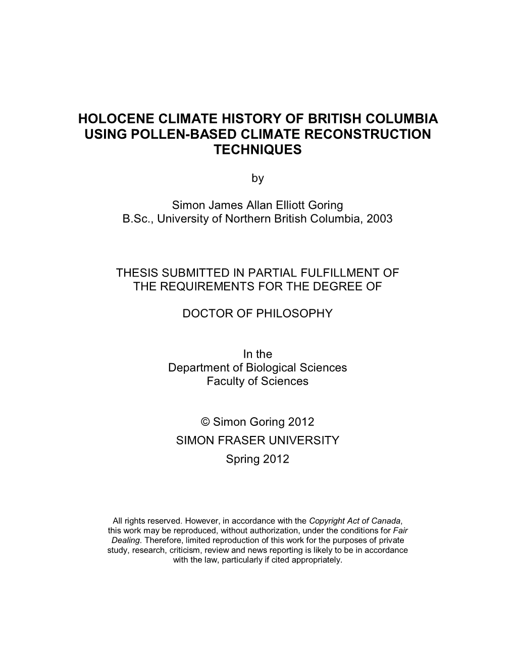 Holocene Climate History of British Columbia Using Pollen-Based Climate Reconstruction Techniques