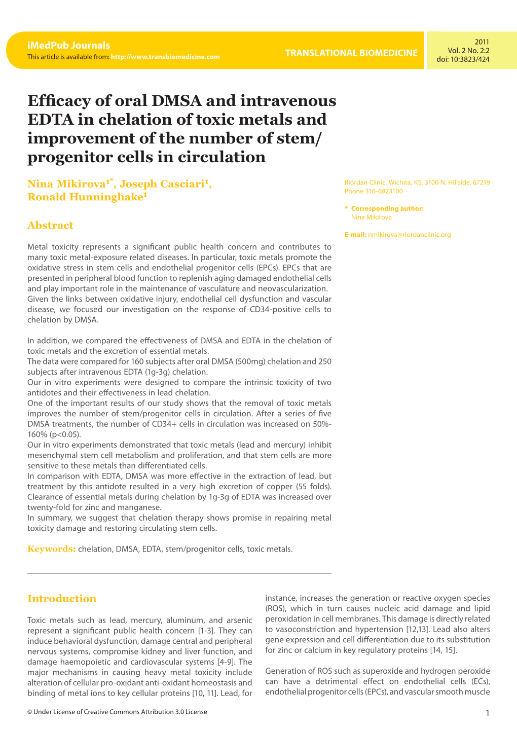 Efficacy of Oral DMSA and Intravenous EDTA in Chelation of Toxic Metals and Improvement of the Number of Stem/ Progenitor Cells in Circulation