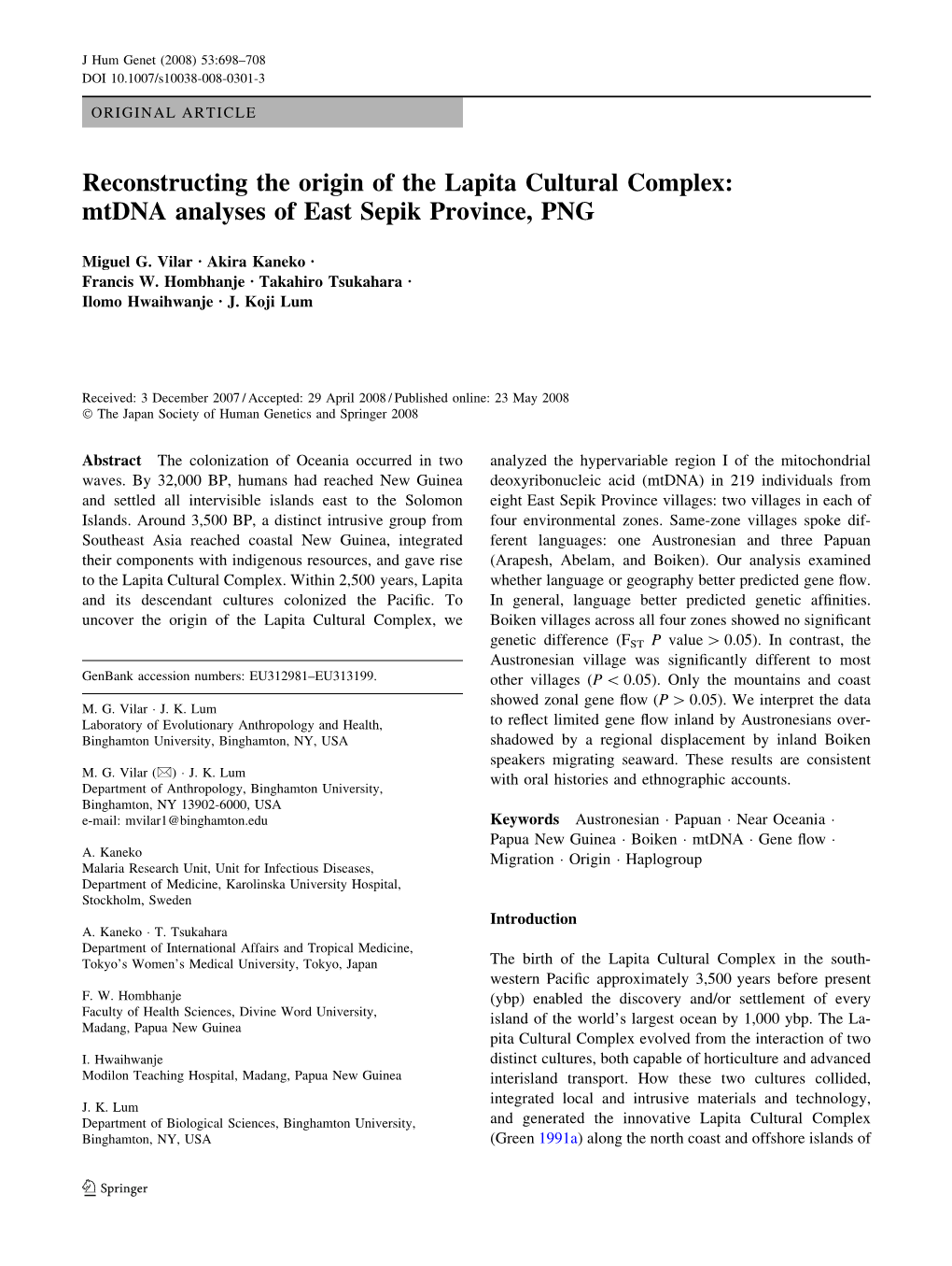 Reconstructing the Origin of the Lapita Cultural Complex: Mtdna Analyses of East Sepik Province, PNG