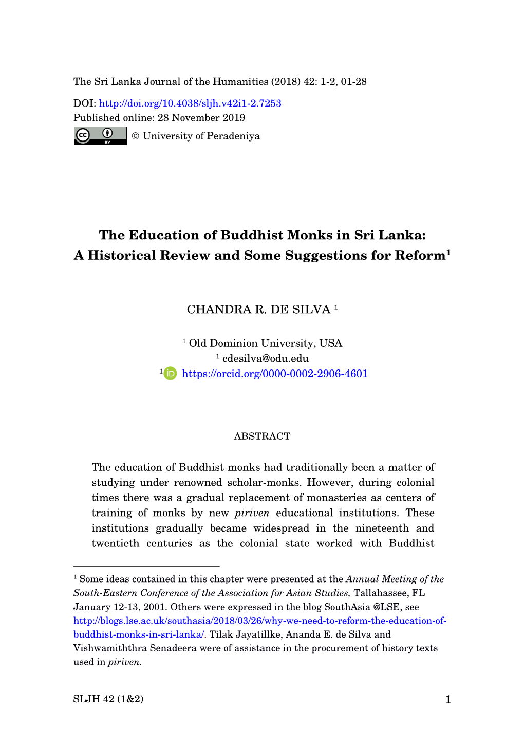 The Education of Buddhist Monks in Sri Lanka: a Historical Review and Some Suggestions for Reform1