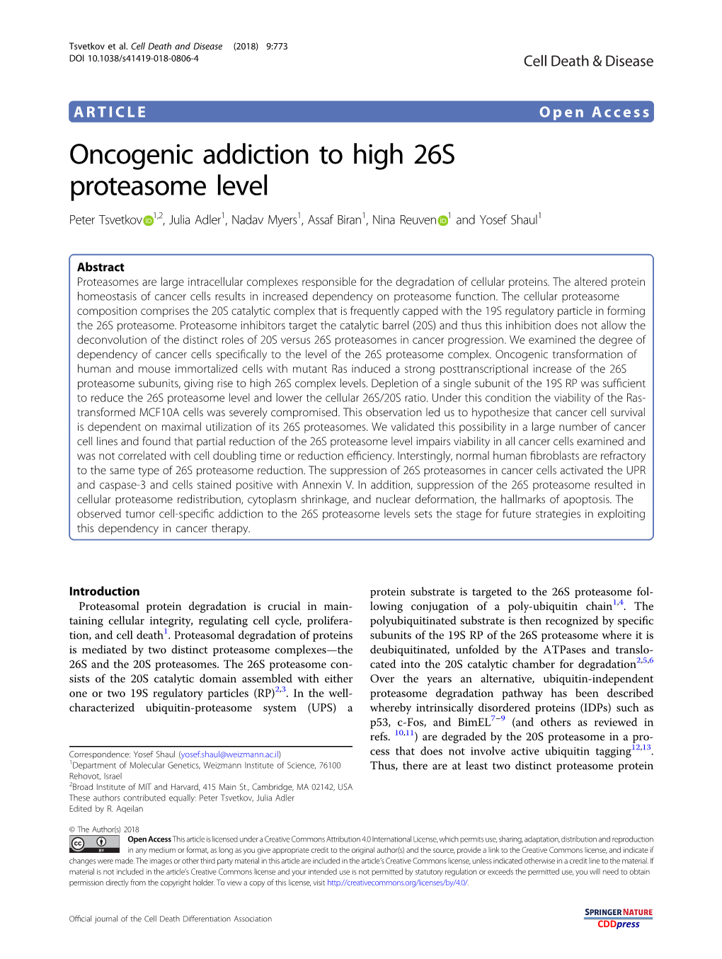 Oncogenic Addiction to High 26S Proteasome Level Peter Tsvetkov 1,2, Julia Adler1,Nadavmyers1, Assaf Biran1,Ninareuven 1 and Yosef Shaul1