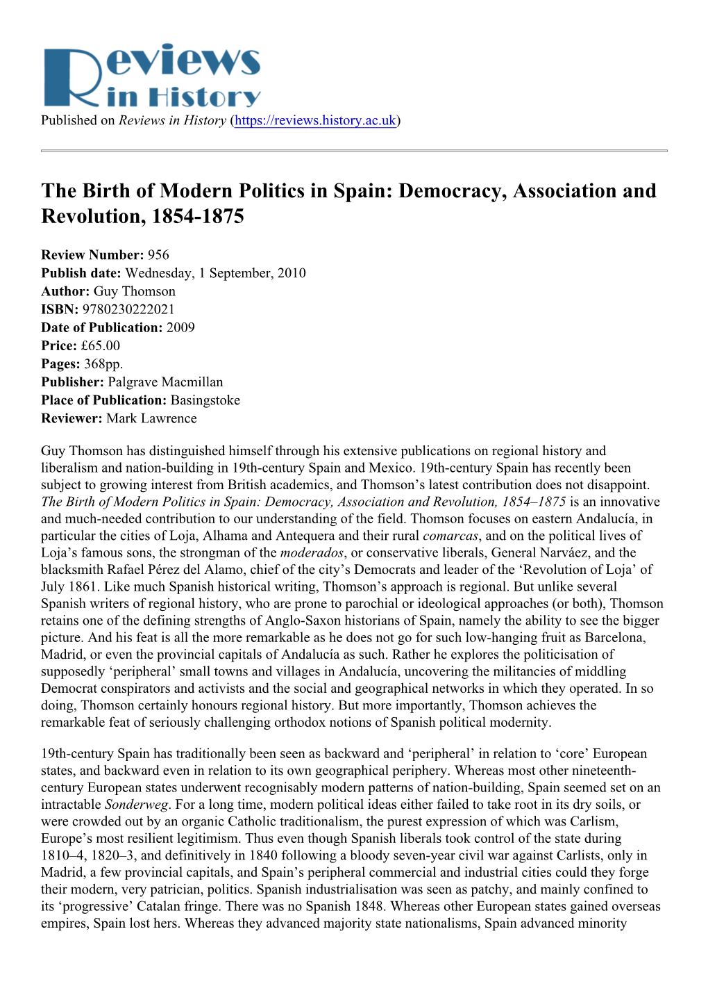 The Birth of Modern Politics in Spain: Democracy, Association and Revolution, 1854-1875
