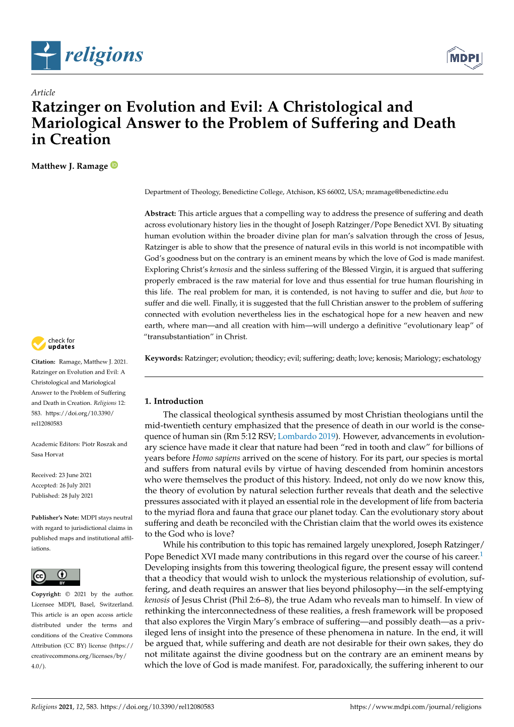 Ratzinger on Evolution and Evil: a Christological and Mariological Answer to the Problem of Suffering and Death in Creation