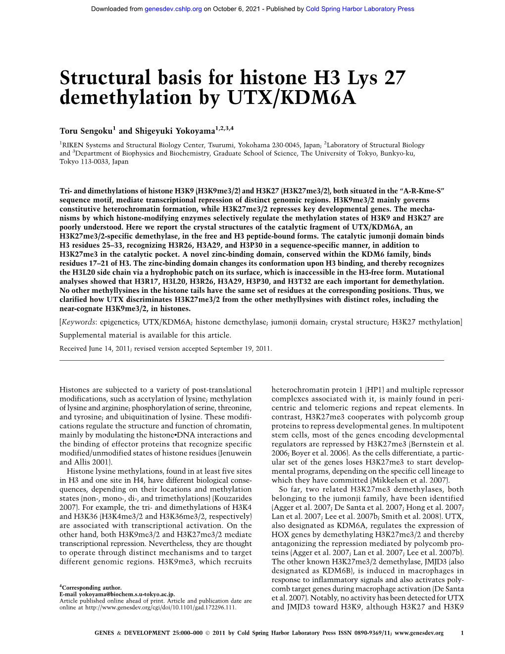 Structural Basis for Histone H3 Lys 27 Demethylation by UTX/KDM6A