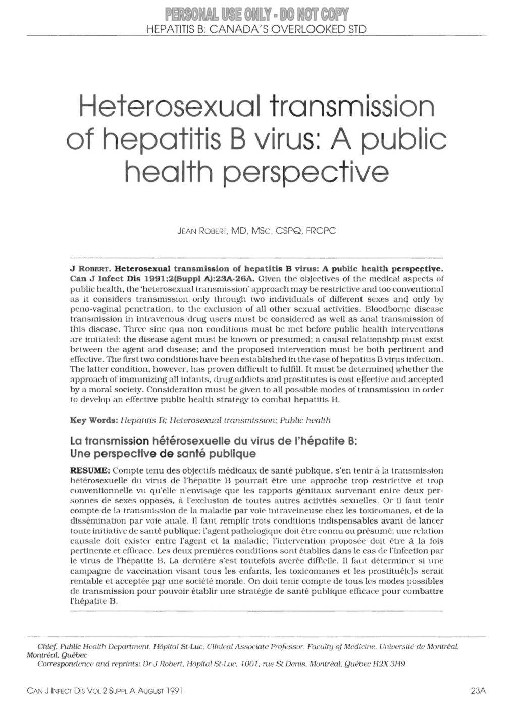 Heterosexual Transmission of Hepatitis B Virus: a Public He'j].Th Perspective