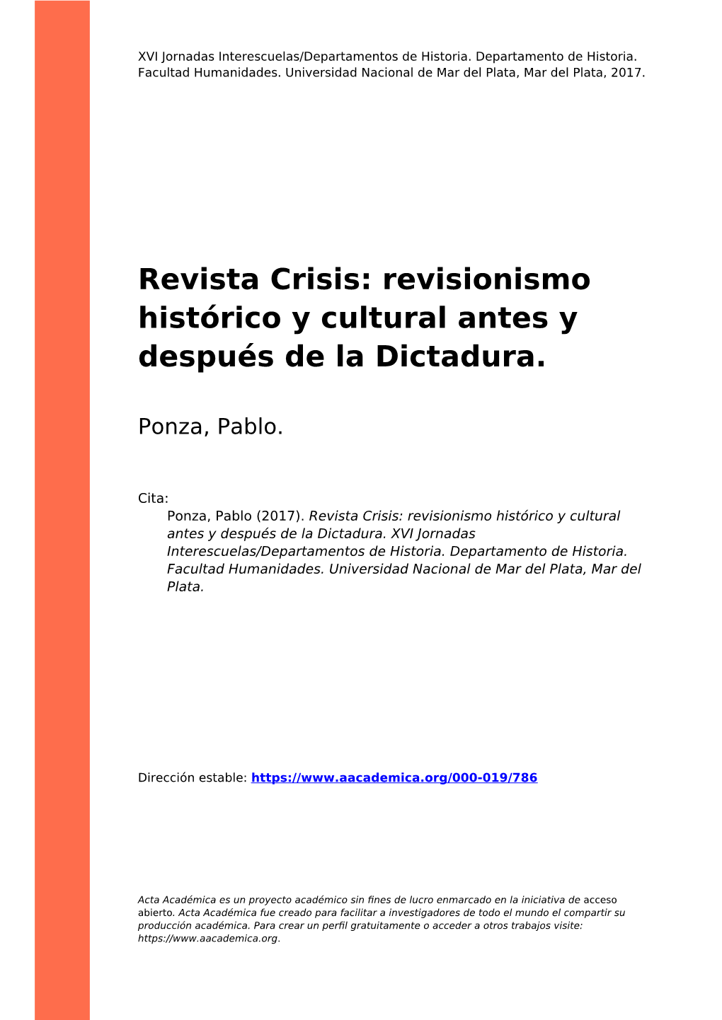 Revista Crisis: Revisionismo Histórico Y Cultural Antes Y Después De La Dictadura