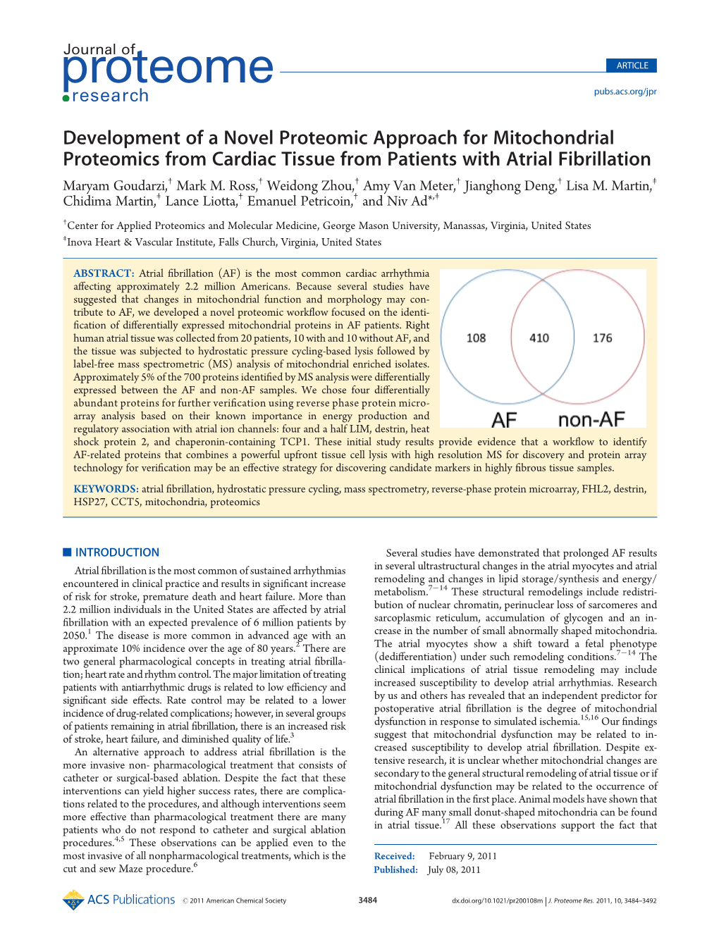 Development of a Novel Proteomic Approach for Mitochondrial Proteomics from Cardiac Tissue from Patients with Atrial Fibrillation † † † † † ‡ Maryam Goudarzi,‡ Mark M