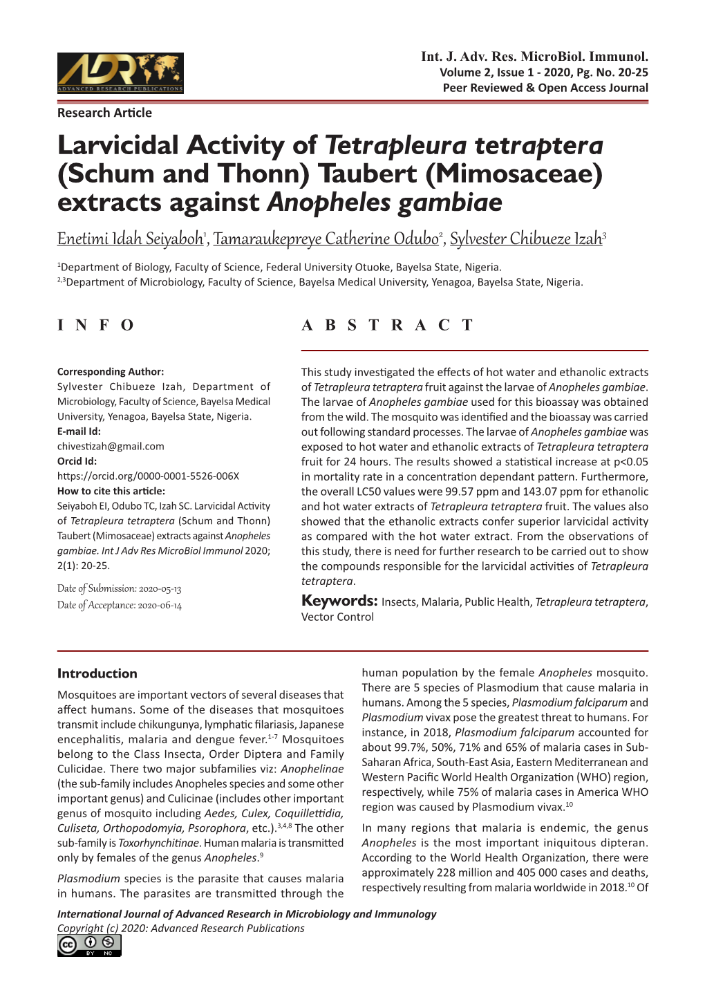 Larvicidal Activity of Tetrapleura Tetraptera (Schum and Thonn)