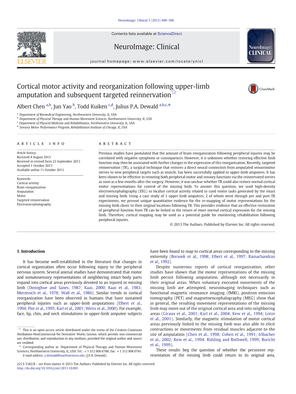 Cortical Motor Activity and Reorganization Following Upper-Limb Amputation and Subsequent Targeted Reinnervation☆