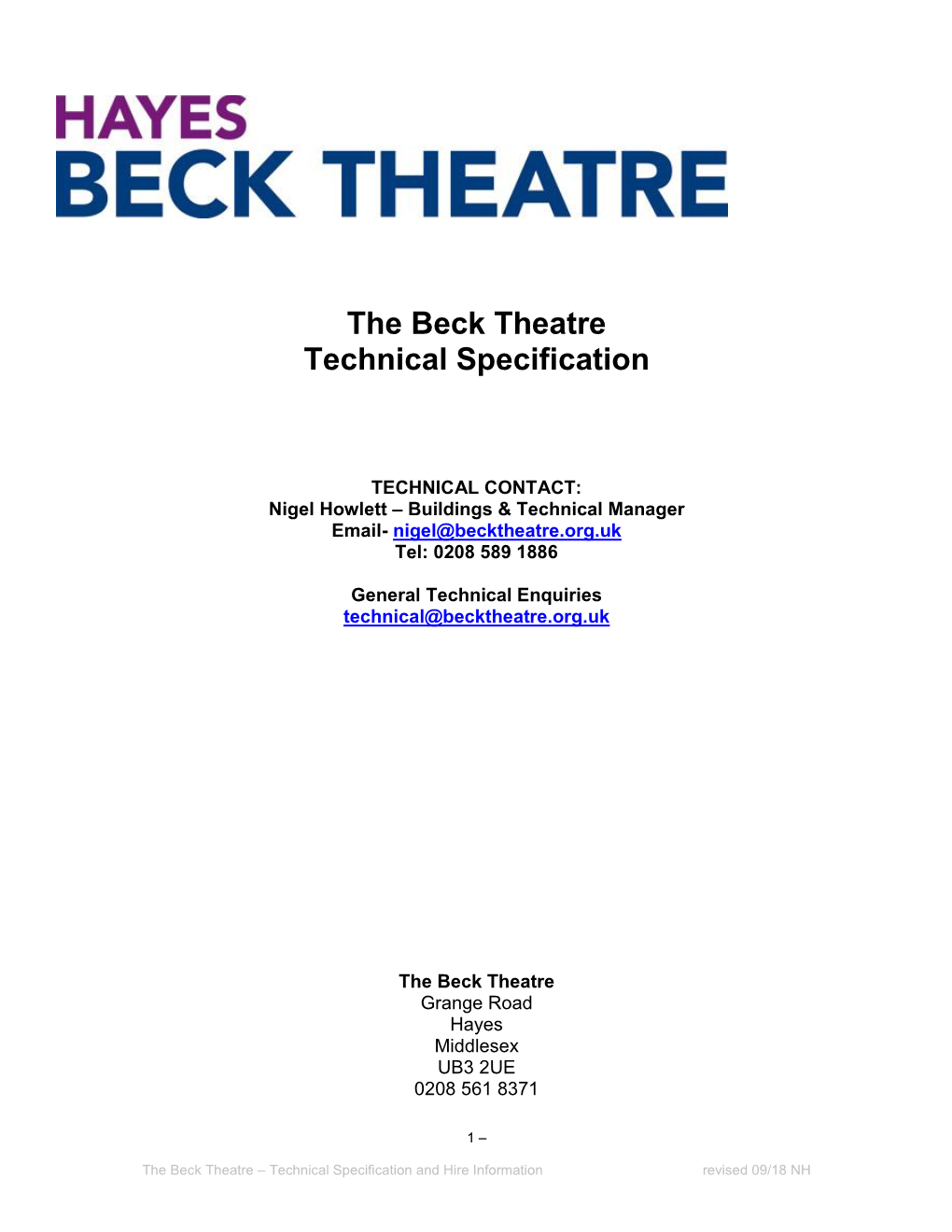 Beck Theatre Technical Specification