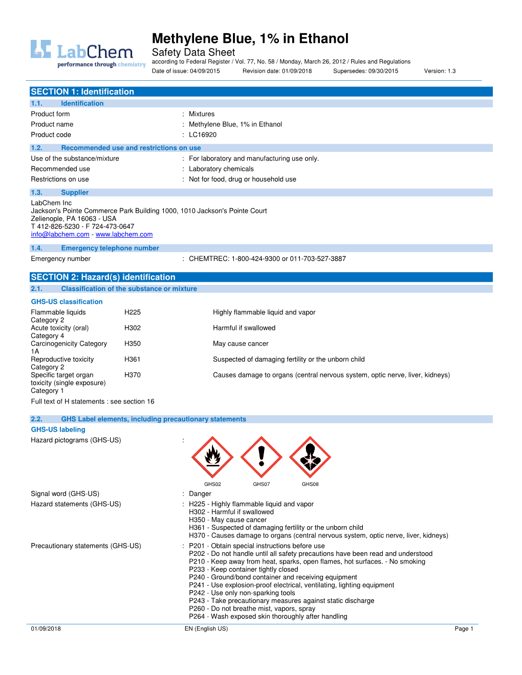 Methylene Blue, 1% in Ethanol Safety Data Sheet According to Federal Register / Vol