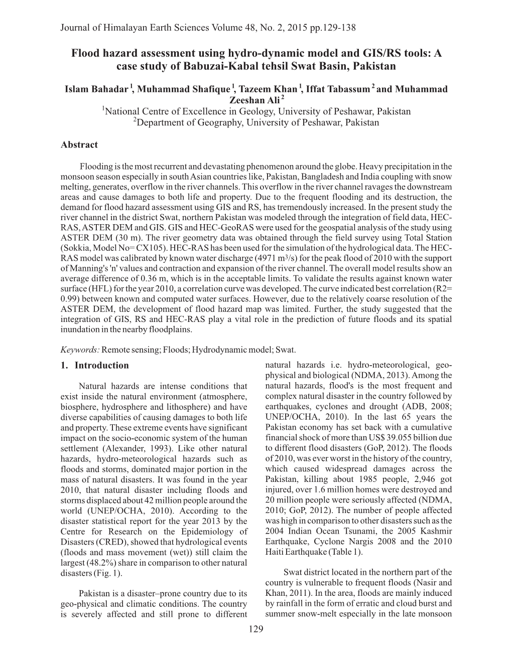 Flood Hazard Assessment Using Hydro-Dynamic Model and GIS/RS Tools: a Case Study of Babuzai-Kabal Tehsil Swat Basin, Pakistan