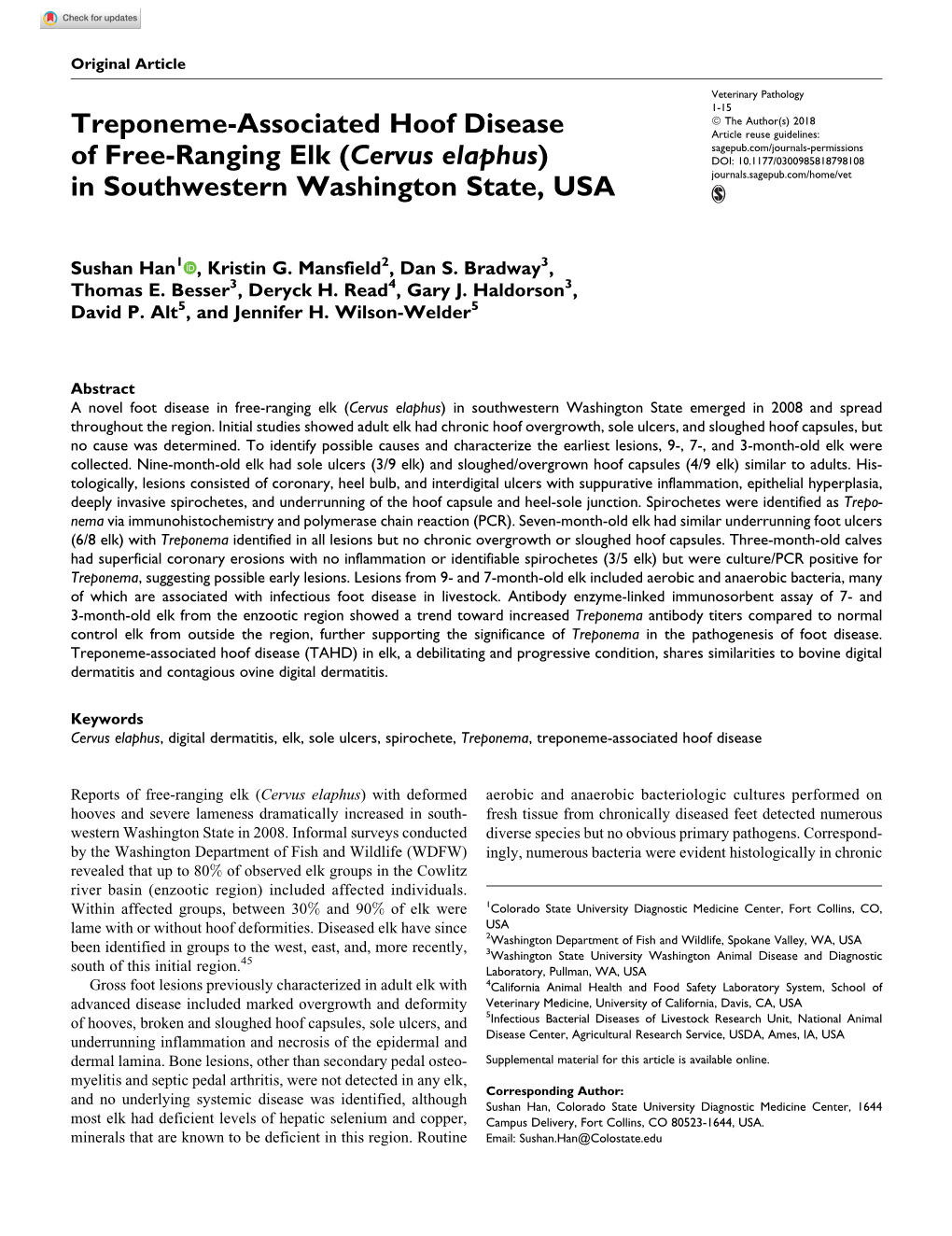 Treponeme-Associated Hoof Disease of Free-Ranging