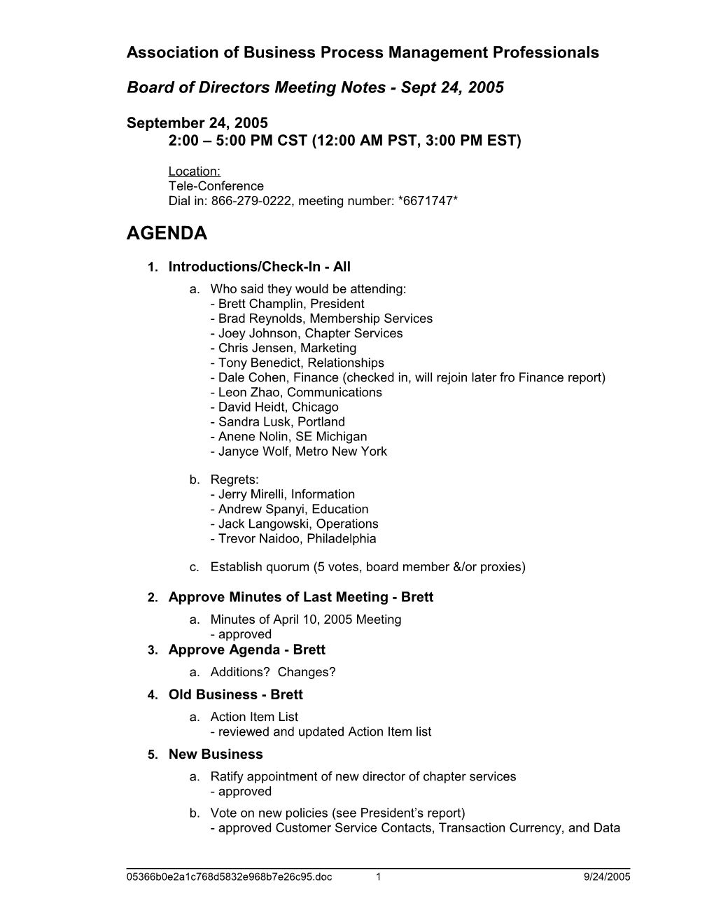 Board of Directors Meeting Notes - Sept 24, 2005