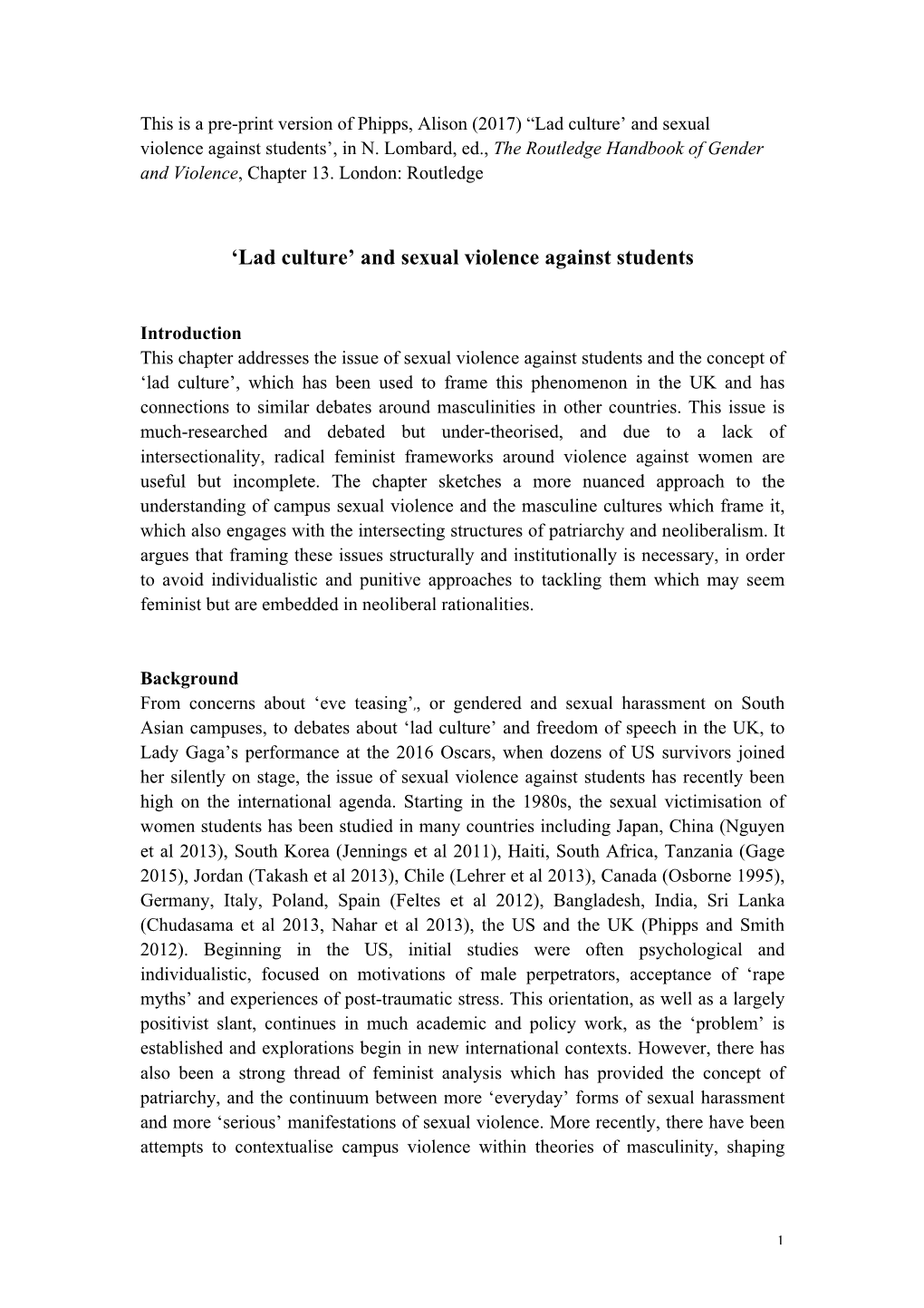 Lad Culture’ and Sexual Violence Against Students’, in N