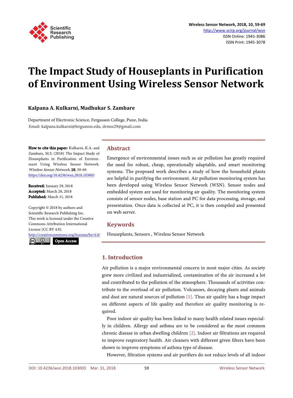 The Impact Study of Houseplants in Purification of Environment Using Wireless Sensor Network